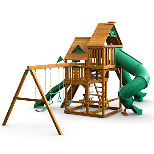 Gorilla Playsets 01-0031-AP Great Skye II Wood Swing Set with Wood Roof, 3 Slides, and Rock Wall, Brown - WoodArtSupply