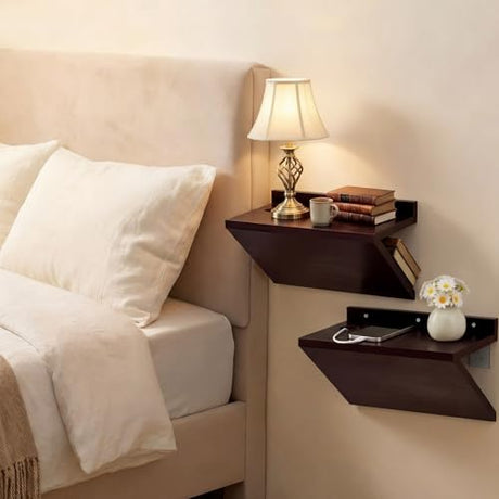 Fiwochic 2 Pack 13 x 7 x 5.5 Inch Floating Nightstand Wooden Bedside V Shape Wall Shelf Wall Mounted Hanging Floating Side Tables Bedroom for Bedroom, Living Room, Bathroom, Kitchen, Office Fiwochic