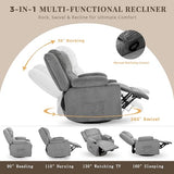 IKAKOS 360 Degree Swivel Rocker Recliner Chair with Heat and Massage, Soft Corduroy Manual Reclining Nursery Glider with USB Port, 2 Cup Holders & 4 Storage Pockets, 400lbs Capacity (Grey)