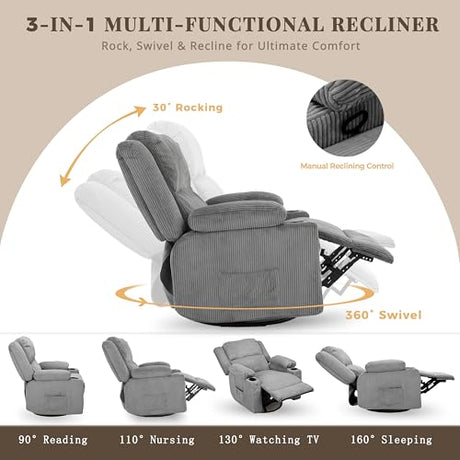 IKAKOS 360 Degree Swivel Rocker Recliner Chair with Heat and Massage, Soft Corduroy Manual Reclining Nursery Glider with USB Port, 2 Cup Holders & 4 Storage Pockets, 400lbs Capacity (Grey) IKAKOS