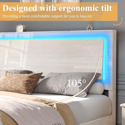 LUXOAK High Gloss Queen Bed Frame with LED Floating Headboard - Beige - WoodArtSupply