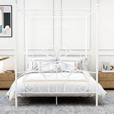AUFANK Queen Size Four-Poster Metal Canopy Bed Frame with Headboard and Footboard Sturdy Slatted Structure No Box Spring Needed White