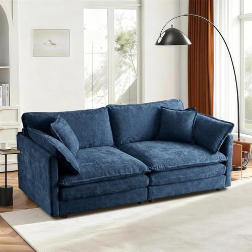 VICBARLEY Modular Sectional Sofa with 2 Seat 76.7" Convertible Chenille Couch Futon with 2 Armrest Pillows and 2 Throw Pillow for Living Room,Office and Apartment,Blue VICBARLEY