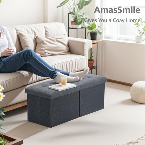 AmasSmile Storage Bench Folding Storage Ottoman Foot Rest Stool, 34 inch Grey Linen Footstool Bench, Short Ottoman Bench, Storage Foot Rest Store as Books, and Blanket Storage or Others AmasSmile