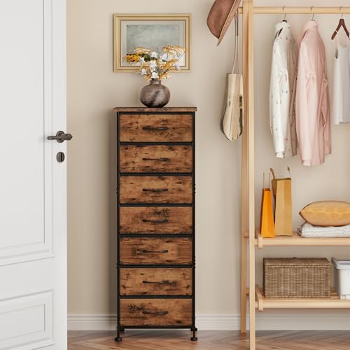 Fixwal Tall Dresser for Bedroom, Storage Dresser Organizer with 7 Fabric Drawers, Nightstand Furniture in Closet, Entryway, Hallway, Rustic Brown Wood Grain Print Fixwal