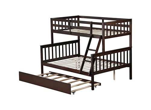 PVWIIK Twin Over Full Bunk Bed with Trundle & Ladder & Safety Guardrail,Convertible to 2 Separated Bed for Kids Adults Teens Bedroom Dormitory,Solid Wood Bunk Bed,Easy Assembly, Espresso PVWIIK