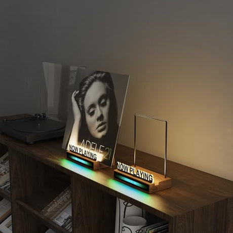 KORRTFID Now Playing Vinyl Record Stand, Light Up Vinyl Record Display Stand with RGB Sound Control Pickup Rhythm Lights Bar, Warm White Light with Fingerprint-Proof Acrylic Letters KORRTFID