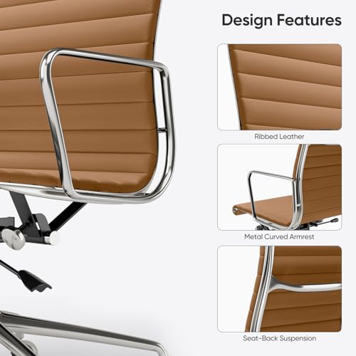 OTDMEL Ribbed Office Chair with Top Grain Leather - High Back Ergonomic Desk Chair with Aluminum Arm Rest and 5-Star Base, Swivel Chairs Light Brown OTDMEL