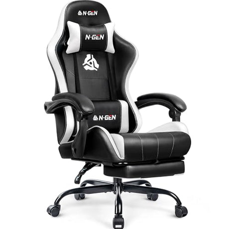 N-GEN GAMING Video Gaming Chair with Footrest Lumbar Support for Home Office High Back Recliner Height Adjustable Ergonomic Comfy Leather Computer Desk Chair (White) N-GEN GAMING