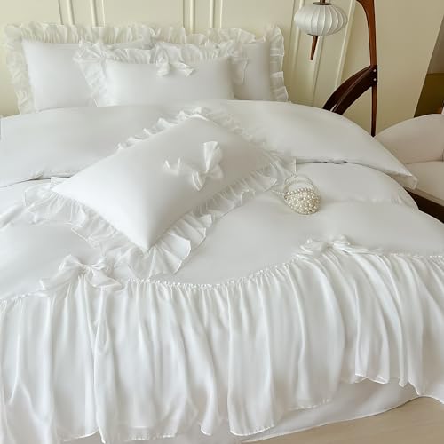 SOUKECHY Ruffled Bedding Bow Duvet Cover Set with Butterfly Tie, Soft Brushed Microfiber Shabby Chic Bedding Set with Zipper Closure-White,Queen SOUKECHY
