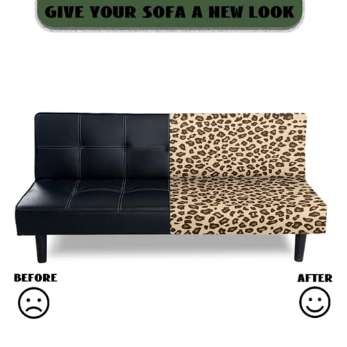 Garucesta Futon Cover with Elastic Bottom Armless Sofa Covers Non Slip Washable Couch Slipcover Scratch-Resistant Futon Sofa Slipcover for Dogs Cats, Leopard Print Beige Garucesta