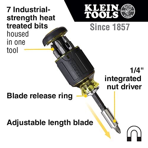 Klein Tools 32308 Multi-bit Stubby Screwdriver, Impact Rated 8-in-1 Adjustable Magnetic Tool with Phillips, Slotted, Square and Nut Driver Klein Tools