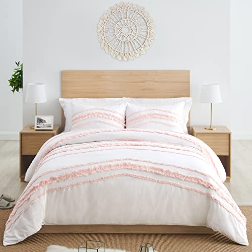 Bohemian Boho Chic White and Pink Macrame Tufted Tassel 3 pc. Full / Queen Size Bed Bedding Set Duvet Comforter Cover Sham Blush Pink Textured Minimalist Cotton Fringe Farmhouse Indie Neutral Rustic KB & Me