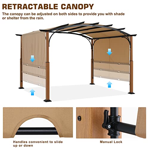 MASTERCANOPY 10' X 12' Outdoor Retractable Pergola with Sun Shade Canopy Patio Metal Garden Pergola,Beige - WoodArtSupply