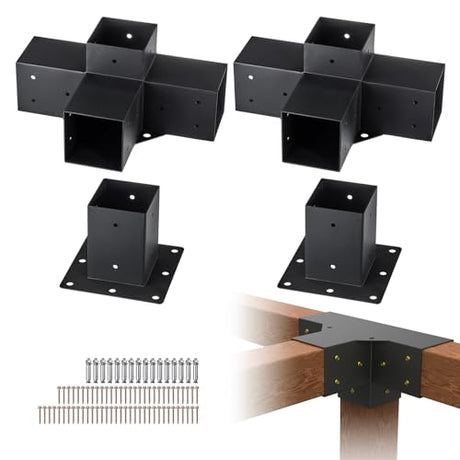 VEVOR Pergola Bracket Kit 4''x4'', 4pcs 4-Way Heavy Duty Corner Bracket Woodworks DIY Post Base Kit, Easy Installation Wooden Beams for Gazebos, Patio Pergolas, Log Cabin Outdoor Pergola Hardware VEVOR
