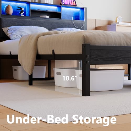 Crocofair Full Size Bed Frame with Charging Station and LED Lights,Upholstered Headboard with Storage Shelves, Metal Platform Bed Frame, Noise Free, No Box Spring Needed,Easy Assembly,Black Crocofair