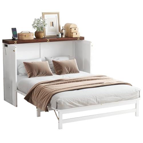 Enoioyonay Full Size Murphy Cabinet Bed with Storage Drawers, Wood Murphy Cabinet Bed with Charging Station, USB Port, Save Space, No Box Spring Needed, for Guest Bedroom, Living Room, White-Walnut Enoioyonay