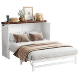 Enoioyonay Full Size Murphy Cabinet Bed with Storage Drawers, Wood Murphy Cabinet Bed with Charging Station, USB Port, Save Space, No Box Spring Needed, for Guest Bedroom, Living Room, White-Walnut Enoioyonay