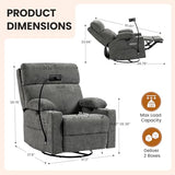 FiveWillowise Power Rocking Chair Nursery with Adjustable Armrests&Headrest, Glider Recliner Chair, Swivel Reading Chair with Electric Lumbar Support, Cup Holder, Nightlight and USB Ports, Grey