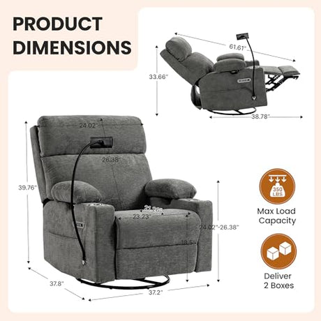 FiveWillowise Power Rocking Chair Nursery with Adjustable Armrests&Headrest, Glider Recliner Chair, Swivel Reading Chair with Electric Lumbar Support, Cup Holder, Nightlight and USB Ports, Grey FiveWillowise
