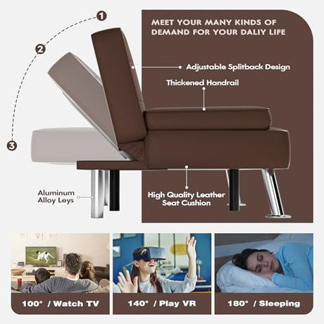 JUMMICO Faux Leather Futon Sofa Bed Futon Couch with Removable Armrests Adjustable Sleeper Sofa Bed with 2 Cup Holders for Living Room (PU Leather, Brown) JUMMICO