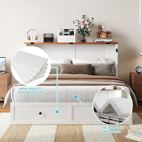 CECER Queen Size Murphy Bed with Tri-Folding Mattress，Murphy Bed Queen with 2 Large Storage Drawers and Charging Station for Small Spaces/Bedroom/Guest Room-（White） CECER
