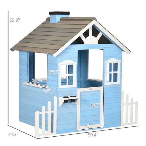 Outsunny Playhouse for Kids Outdoor, Country Style Wooden Playhouse with Flower Pot Holders, Working Door, Windows, Service Stations for 3-7 Years,