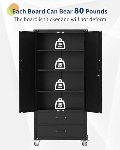 GarveeHome 72 in Metal Storage Cabinet with Wheels, Locking Doors & 2 Drawers,Heavy Duty Rolling Garage Organizer with 3 Adjustable Shelves for Home/Office/Workshop/Warehouse GarveeHome