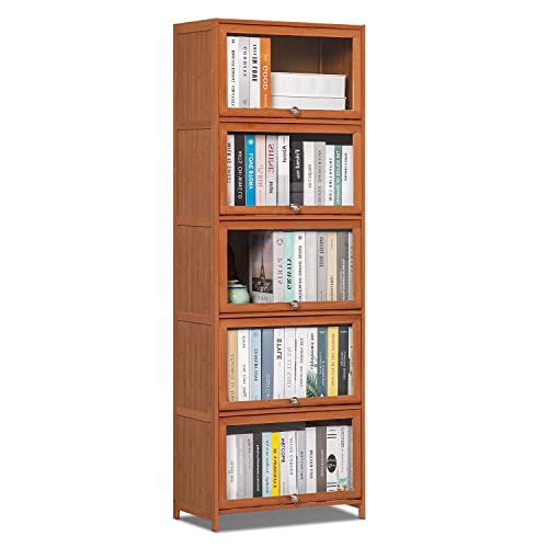 MoNiBloom Tall Narrow Bookcase with Acrylic Doors 5 Tier Free Standing Book Shelf Storage Organizer Save Space for Living Room Office, Brown