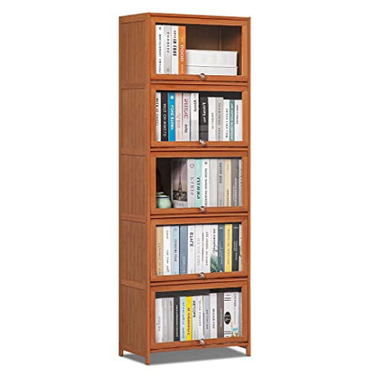 MoNiBloom Tall Narrow Bookcase with Acrylic Doors 5 Tier Free Standing Book Shelf Storage Organizer Save Space for Living Room Office, Brown - WoodArtSupply