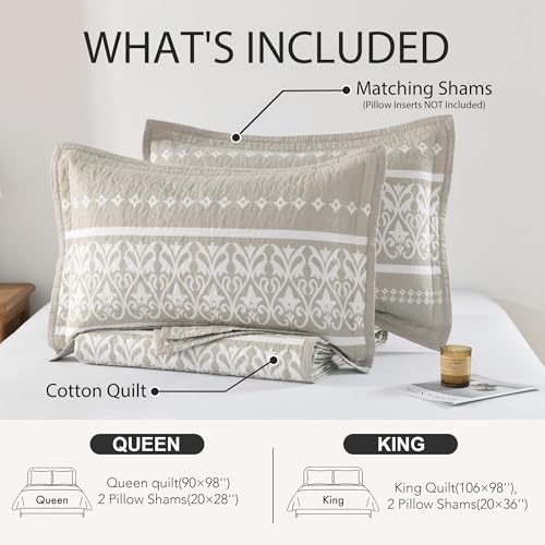 Qiqiong Boho Quilt Set Queen Size - 100% Cotton Boho Striped Quilt Bedding Set - Beige and White Bohemian Quilt Set with Shams 3 Piece - All-Season Lightweight Coverlet & Bedspread Set Qiqiong