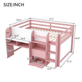 SOFTSEA Full Size Low Loft Bed with Desk & Storage, Solid Wood Pink Loft Bed with Drop-Down Cabinets, Open Shelves & Whiteboard for Kids Juniors Boys Girls, Pink SOFTSEA