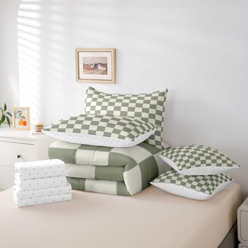 Erosebridal Plaid Full Comforter Set 7 Piece Beige Sage Green Checkerboard Bed in A Bag with Sheets Geometric Checkered Bedding Set for Kids Boys Girls,Aesthetic Grid Bed Set Erosebridal