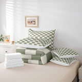 Erosebridal Plaid Full Comforter Set 7 Piece Beige Sage Green Checkerboard Bed in A Bag with Sheets Geometric Checkered Bedding Set for Kids Boys Girls,Aesthetic Grid Bed Set Erosebridal
