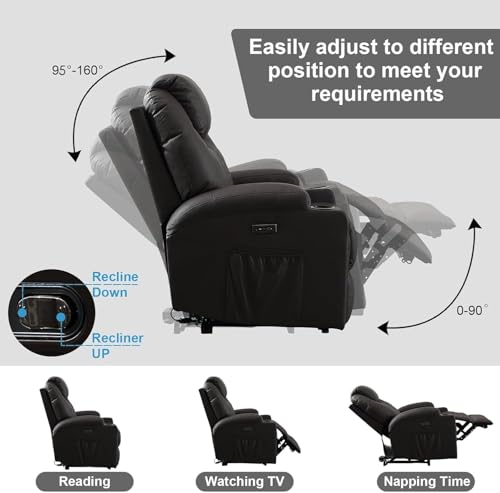 IBTKIG Power Recliner Chair with Massage and Heat, Leather Home Theater Seating with LED Lights/Cup Holders/Side Pocket/USB Port, Reclining Sofa Chair for Living Room (1, Brown)