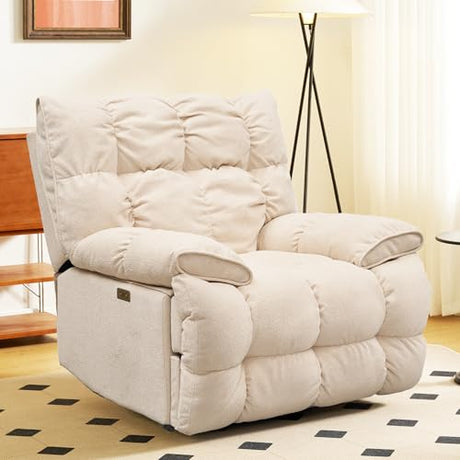 Power Glider Rocker Recliner Chair 360° Swivel Electric Lay-Flat Motion Seating Overstuffed Pillow-Top Arms Plush High Back Lumbar Support USB Charging Ports Smooth Quiet Motor (Cream White) WEALTHKING