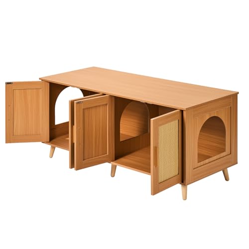 VEVOR Cat Litter Box Enclosure for 2 Cats, Litter Box Furniture Hidden with Rattan Decorated Doors, Wooden Cat Box Cabinet Fit Most of Litter Box, 47.2" L x 19.7" W x 21.7" H, Natural VEVOR