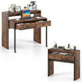 Giantex Small Computer Desk with Hutch & Drawers, Extendable Writing Desk w/Pull Out Secondary Table, Monitor Stand & Rolling Wheels, Console Table, Compact Desk for Small Spaces (Rustic Brown) Giantex