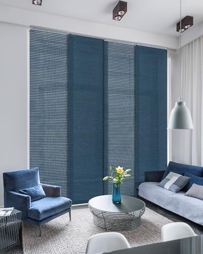 GoDear Design Adjustable Sliding Vertical Blinds for Sliding Glass Doors, Hanging Room Dividers, Extendable Track from 45.8" to 86" W, Trimmable Panel Curtains Up to 96", Semi-Sheer, Blue, Meteor GoDear Design