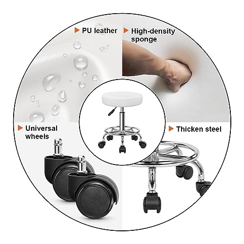 KKTONER PU Leather Round Rolling Stool with Foot Rest Swivel Height Adjustable Stool Spa Drafting Salon Tattoo Work Office Massage Task Chair White Small (White) KKTONER