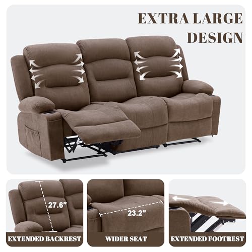 Reedvales Oversized Recliner Sofa with Heat and Massage, Big Large 3-Seater RV Recliner Couch Sofa for Living Room, Wall-Hugger Reclining Sofa with Cup Holders and USB Port (Fabric, Brown)