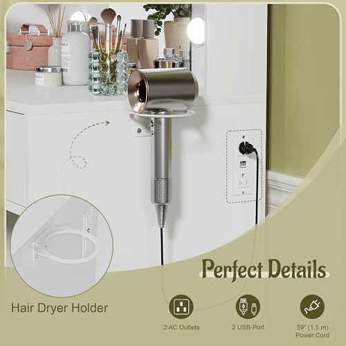 YESHOMY Vanity Desk with Mirror, Makeup Table with 2 Large Drawers, Power Outlet and Round Holder, 3 Color Modes Adjustable Bulb, Bench Included, White YESHOMY