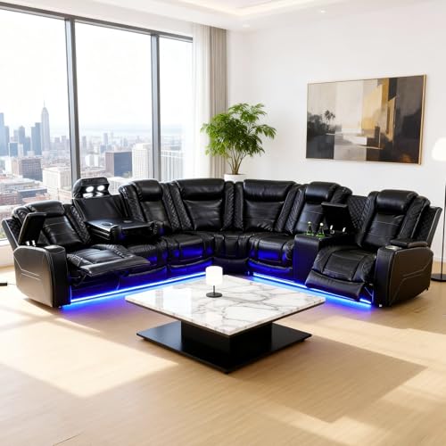 Daydo Sempli Power Reclining Sectional Sofa for Living Room,Modern L-Shaped Black Air Leather Sectional Couch Set,Recliner Sofa Set,with LED Lights,Cup Holder,Storage,Charging Ports,Home Theater Seat