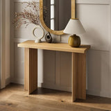 Stead Modern Console Table - Natural Oak, Fluted Solid Wood - Slim Entryway Table with Drawers & Curved Cross Base Stead