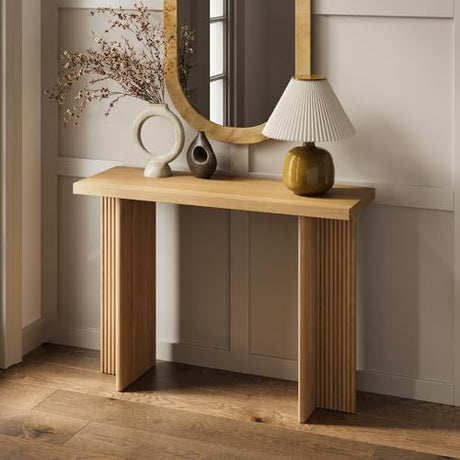 Stead Modern Console Table - Natural Oak, Fluted Solid Wood - Slim Entryway Table with Drawers & Curved Cross Base Stead