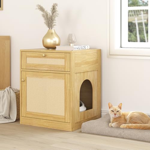 COSLIANA Cat Litter Box Enclosure, Hidden Cat Litter Box Furniture Indoor Wood Cat House Rattan End Table with Drawer, Oak