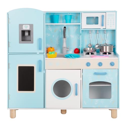 Pretend Wooden Play Kitchen Toy, Interactive Play with Lights and Sounds, 28 Piece, with Cutlery and Fruit Toy Accessory Set, with Ice Cube Dispenser, Kids Kitchen PlaySet for Toddlers Age 3-8 -Blue
