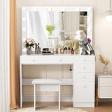 VOWNER Vanity with Lights - 43" Makeup Vanity Desk with Power Outlet, 5 Drawers and 1 Cabinet, 3 Color Lighting Modes with Adjustable Brightness,Makeup Desk with Stool for Women Girls, White VOWNER