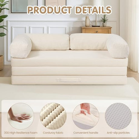 5-in-1 Convertible Sofa Bed,54" Boneless Couch Tri Folding Floor Mattress with Removable L-Shaped Armrests & Handle,Corduroy Futon Couch Sleeper with Pull Out Bed for Living Room Bedroom Apartment feliz home
