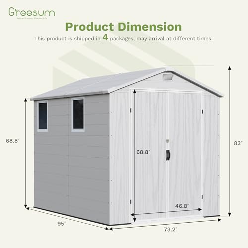 Greesum 6×8FT Plastic Outdoor Storage Shed with Floor, Resin Storaged Sheds with Lockable Double Door, Windows & Vents, All-Weather Tool Sheds for Garden, Backyard, Patio, Light Gray Greesum